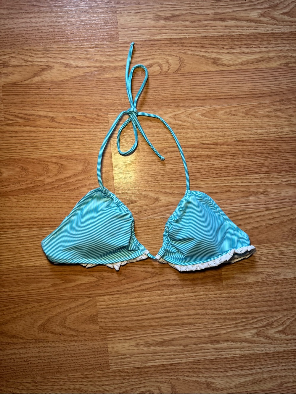 Turquoise and White Striped Triangle Bikini Top